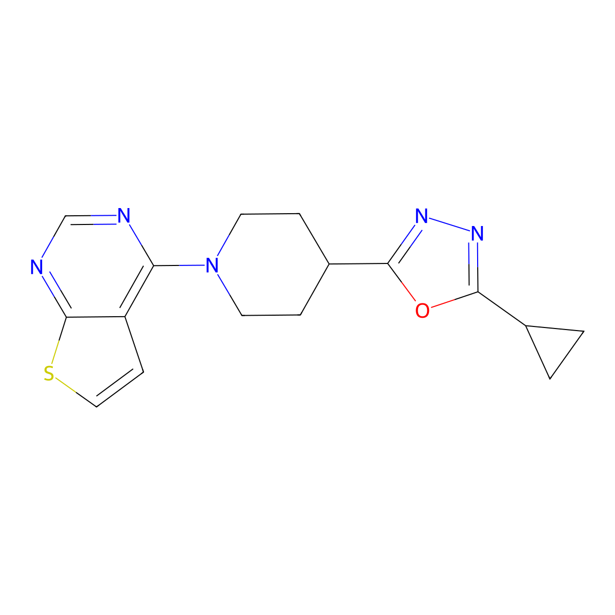 4-(5-Cyclopropyl-1,3,4-oxadiazol-2-yl)-1-{thieno[2,3-d]pyrimidin-4-yl}piperidine molecular structure, CAS 2742011-91-0