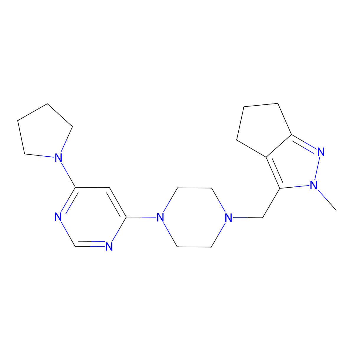 4-[4-({2-methyl-2H,4H,5H,6H-cyclopenta[c]pyrazol-3-yl}methyl)piperazin-1-yl]-6-(pyrrolidin-1-yl)pyrimidine molecular structure, CAS 2742011-94-3