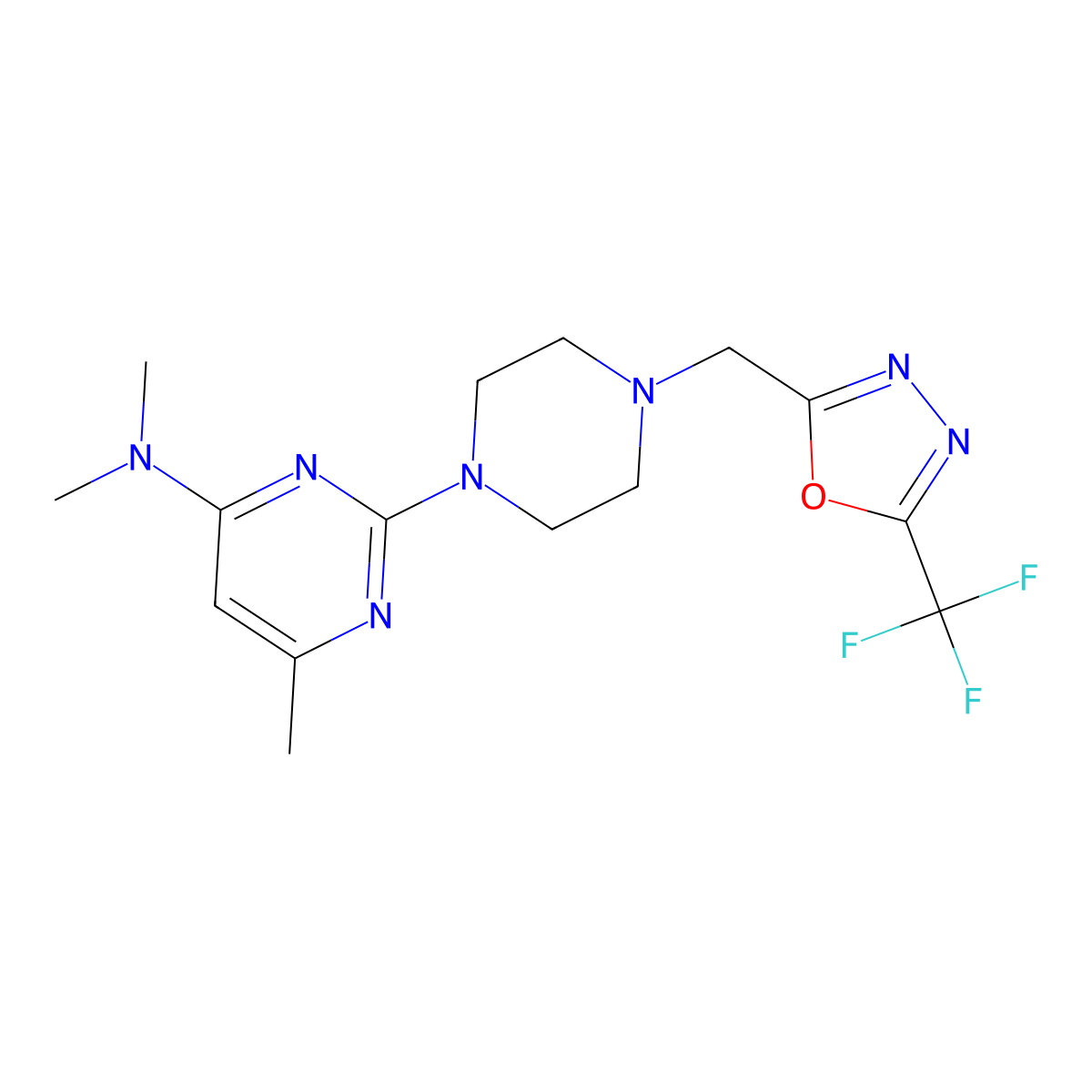 N,N,6-trimethyl-2-(4-{[5-(trifluoromethyl)-1,3,4-oxadiazol-2-yl]methyl}piperazin-1-yl)pyrimidin-4-amine molecular structure, CAS 2742011-95-4