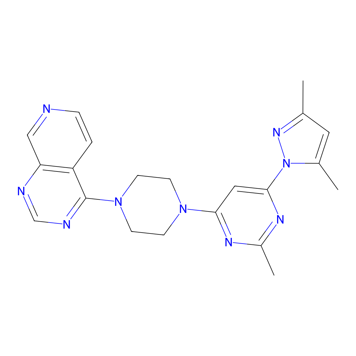 4-(3,5-dimethyl-1H-pyrazol-1-yl)-2-methyl-6-(4-{pyrido[3,4-d]pyrimidin-4-yl}piperazin-1-yl)pyrimidine molecular structure, CAS 2742012-00-4