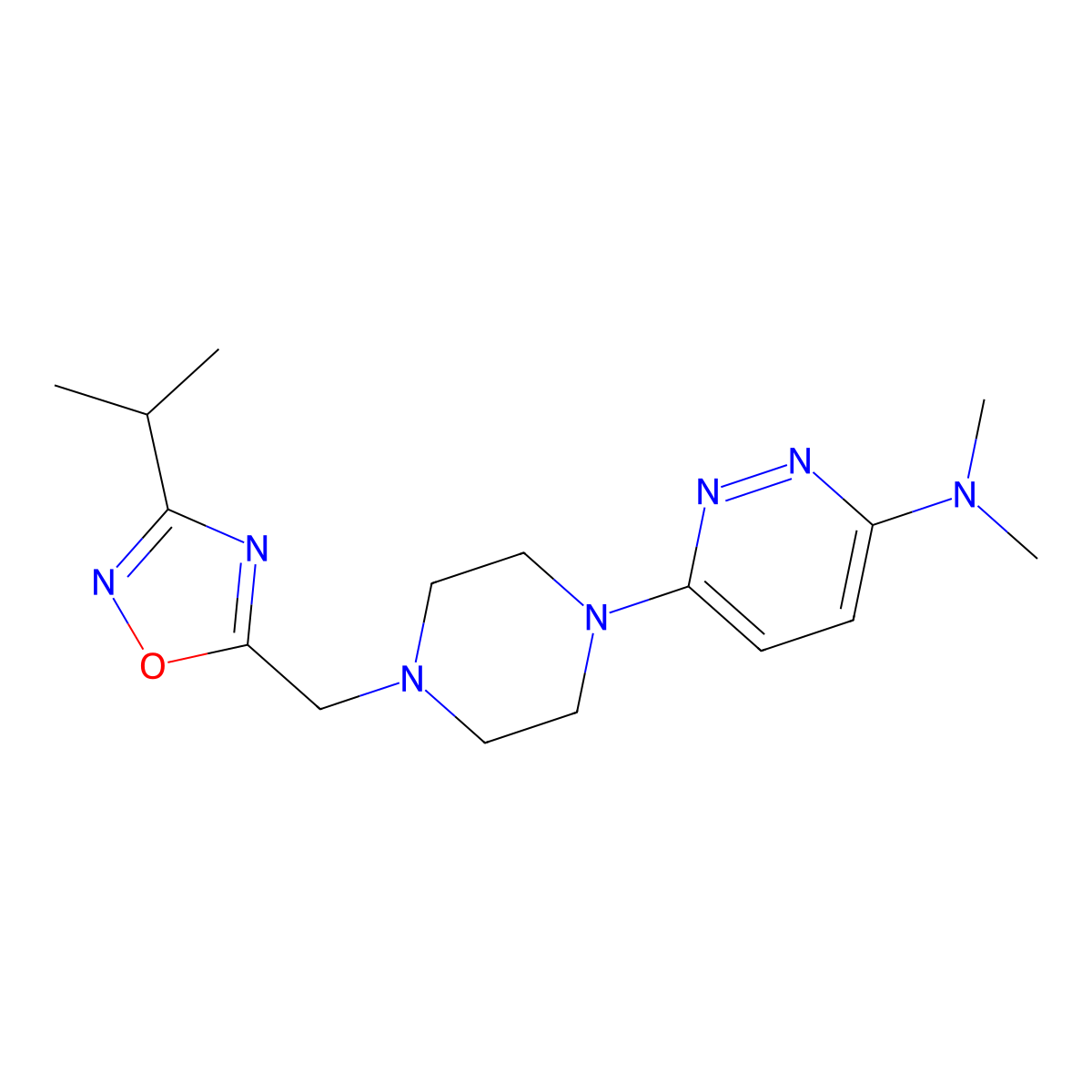N,N-dimethyl-6-(4-{[3-(propan-2-yl)-1,2,4-oxadiazol-5-yl]methyl}piperazin-1-yl)pyridazin-3-amine molecular structure, CAS 2742012-07-1