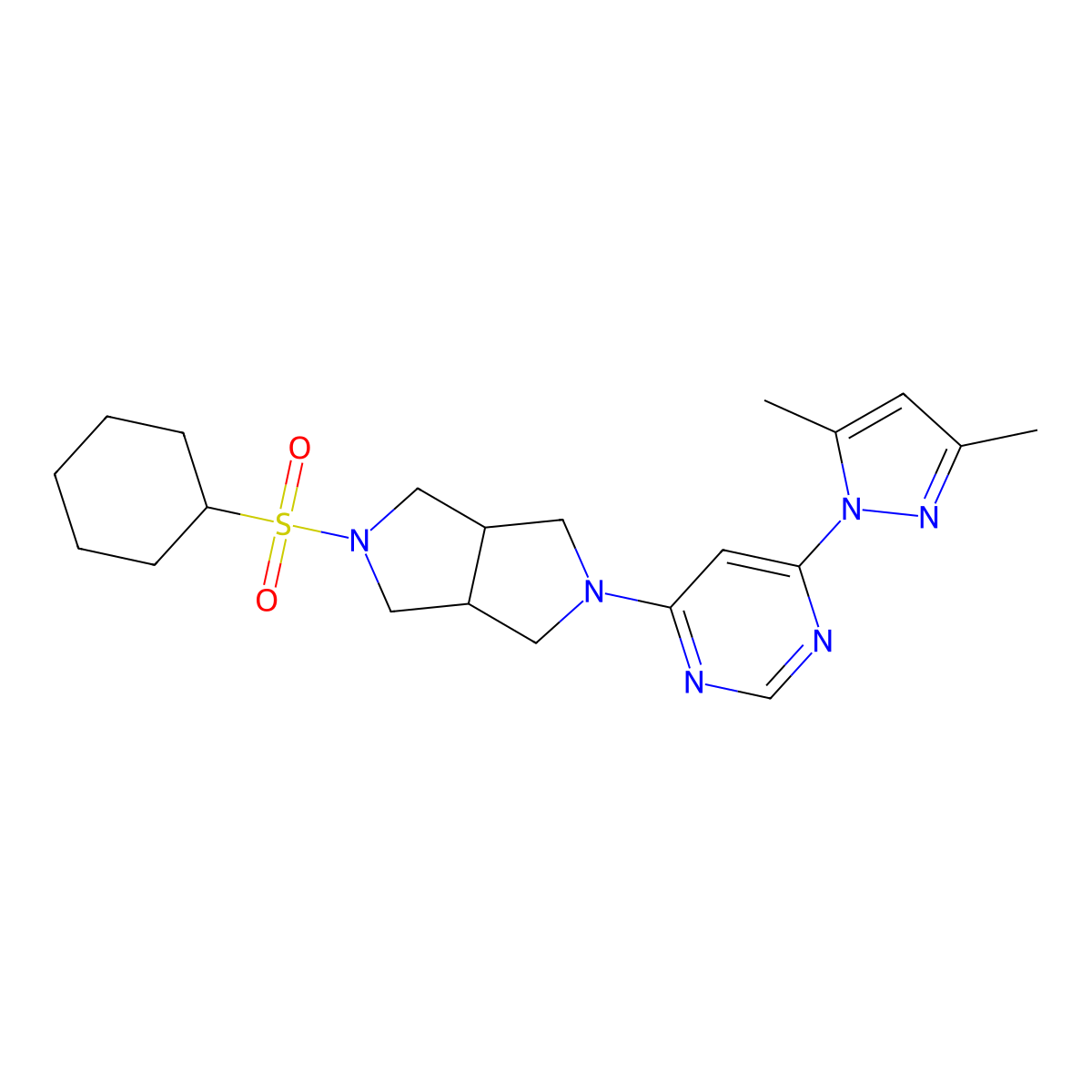 4-[5-(cyclohexanesulfonyl)-octahydropyrrolo[3,4-c]pyrrol-2-yl]-6-(3,5-dimethyl-1H-pyrazol-1-yl)pyrimidine molecular structure, CAS 2742012-09-3
