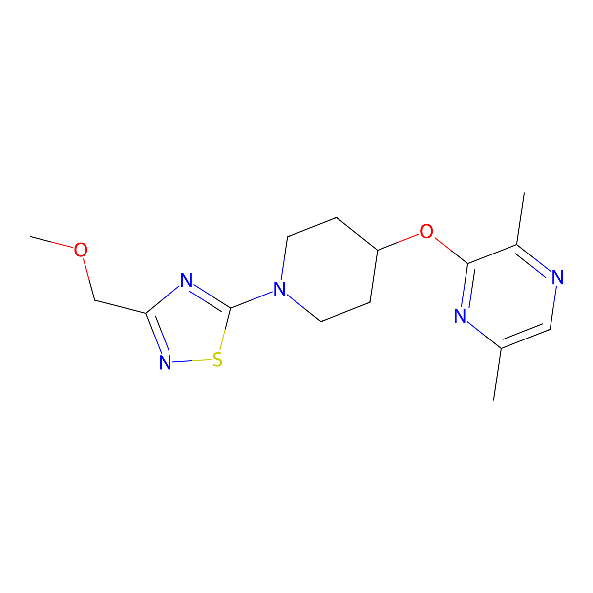 3-({1-[3-(Methoxymethyl)-1,2,4-thiadiazol-5-yl]piperidin-4-yl}oxy)-2,5-dimethylpyrazine molecular structure, CAS 2742012-12-8