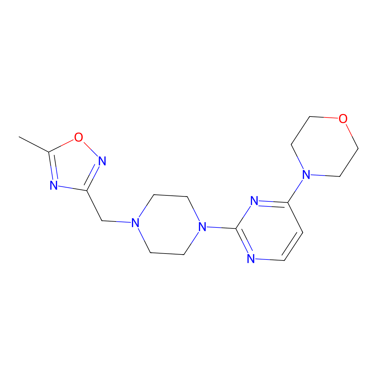 4-(2-{4-[(5-Methyl-1,2,4-oxadiazol-3-yl)methyl]piperazin-1-yl}pyrimidin-4-yl)morpholine molecular structure, CAS 2742012-21-9