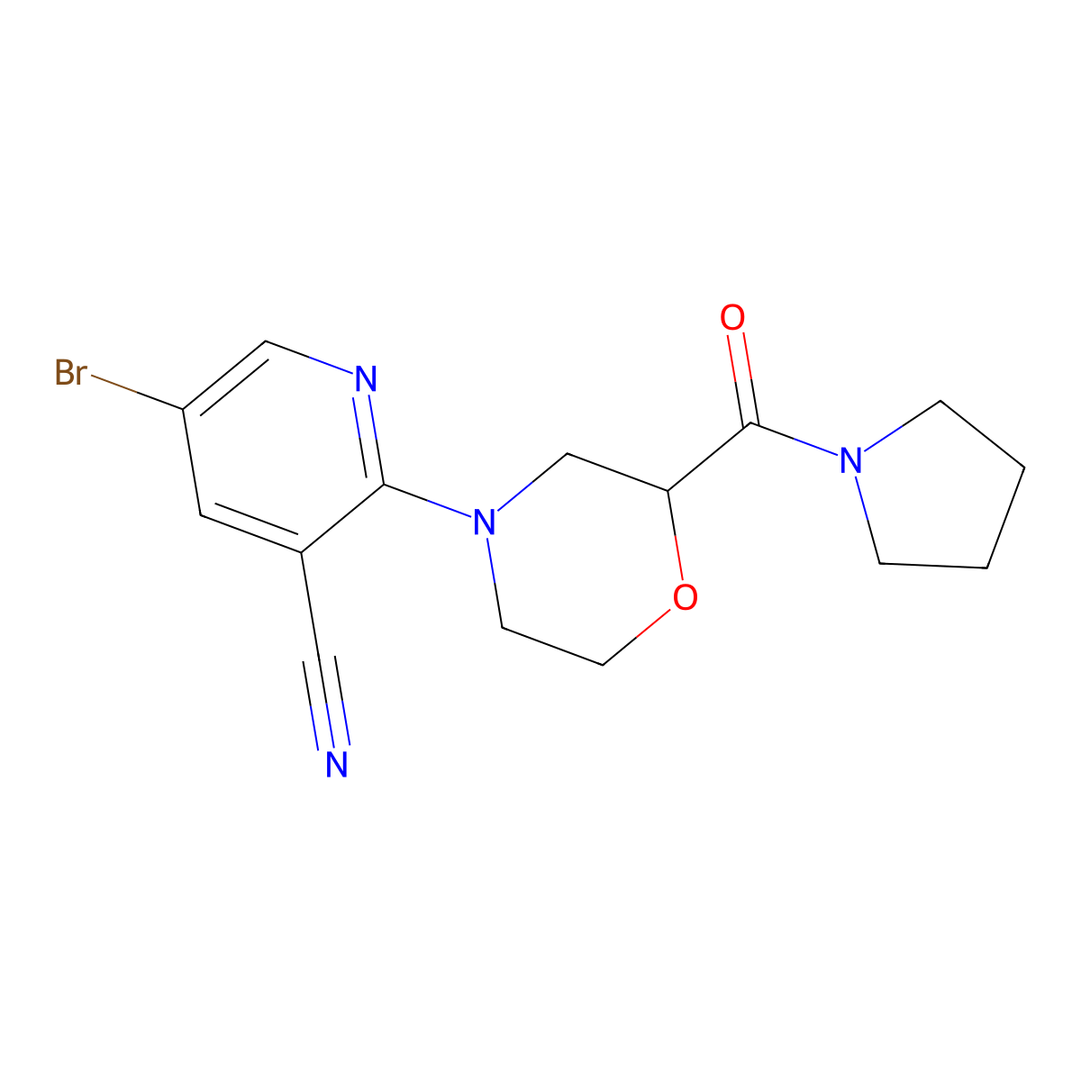 5-Bromo-2-[2-(pyrrolidine-1-carbonyl)morpholin-4-yl]pyridine-3-carbonitrile molecular structure, CAS 2742012-41-3