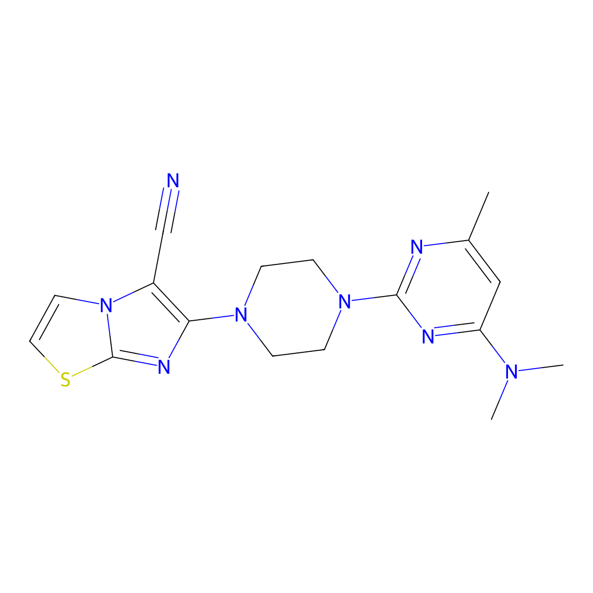 6-{4-[4-(Dimethylamino)-6-methylpyrimidin-2-yl]piperazin-1-yl}imidazo[2,1-b][1,3]thiazole-5-carbonitrile molecular structure, CAS 2742012-43-5