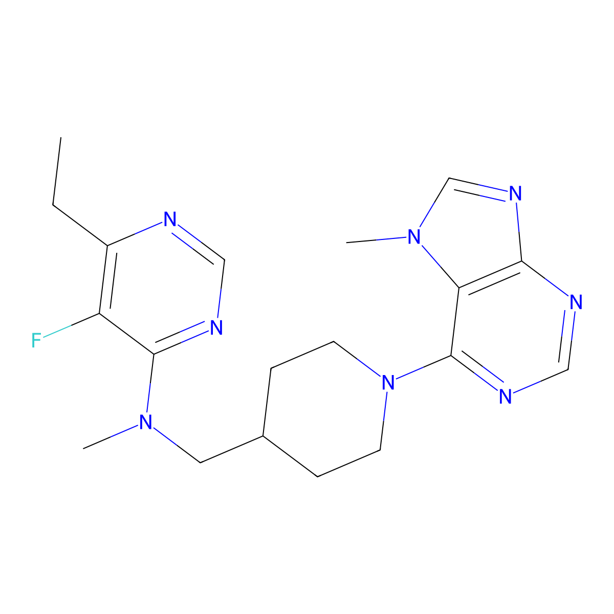 6-ethyl-5-fluoro-N-methyl-N-{[1-(7-methyl-7H-purin-6-yl)piperidin-4-yl]methyl}pyrimidin-4-amine molecular structure, CAS 2742012-50-4