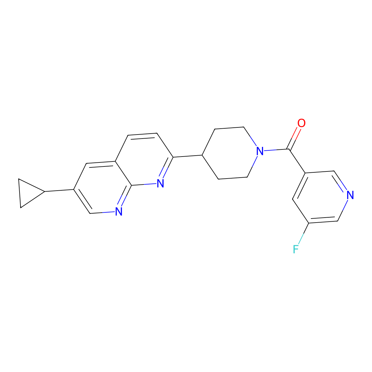 6-Cyclopropyl-2-[1-(5-fluoropyridine-3-carbonyl)piperidin-4-yl]-1,8-naphthyridine molecular structure, CAS 2742012-59-3