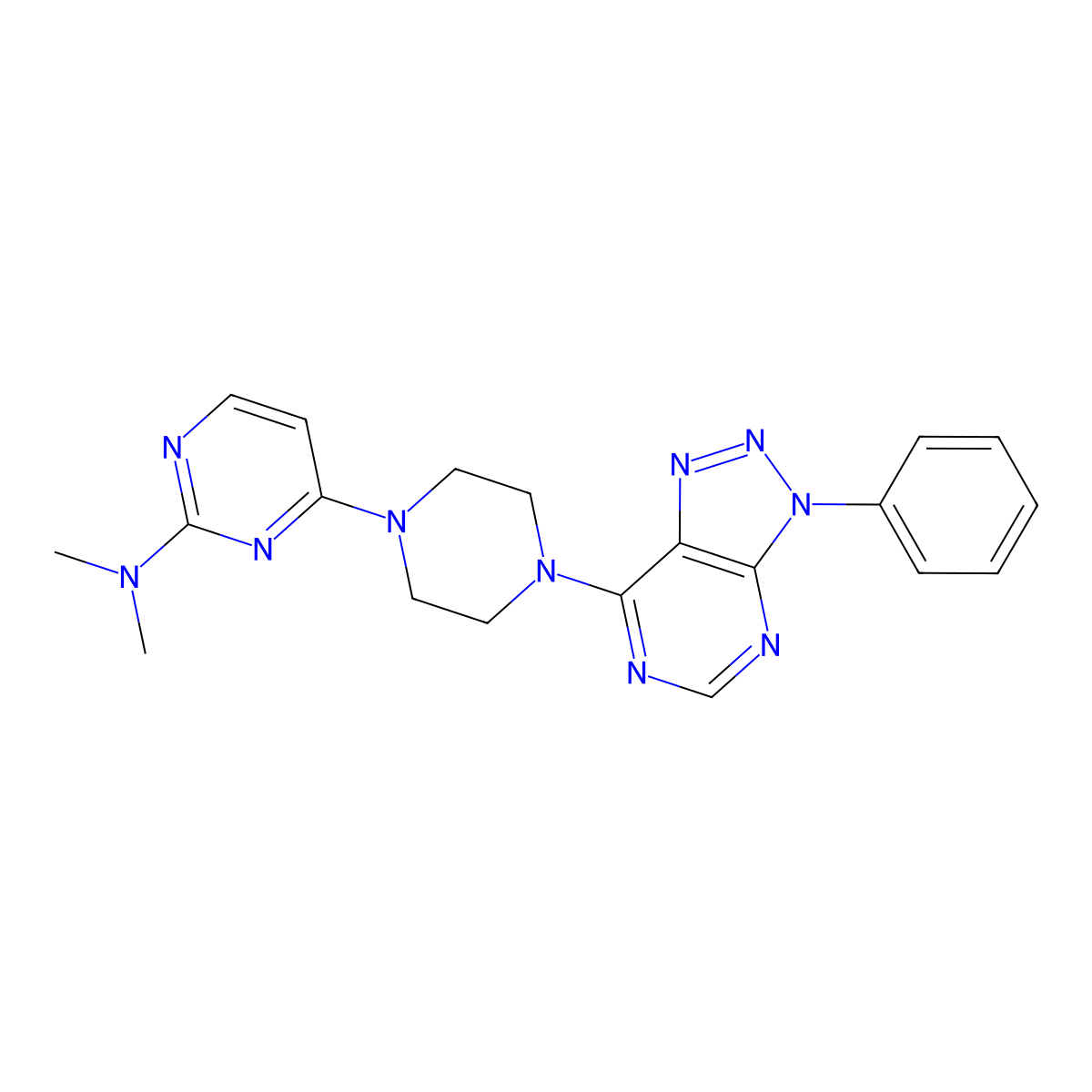 N,N-dimethyl-4-(4-{3-phenyl-3H-[1,2,3]triazolo[4,5-d]pyrimidin-7-yl}piperazin-1-yl)pyrimidin-2-amine molecular structure, CAS 2742012-71-9