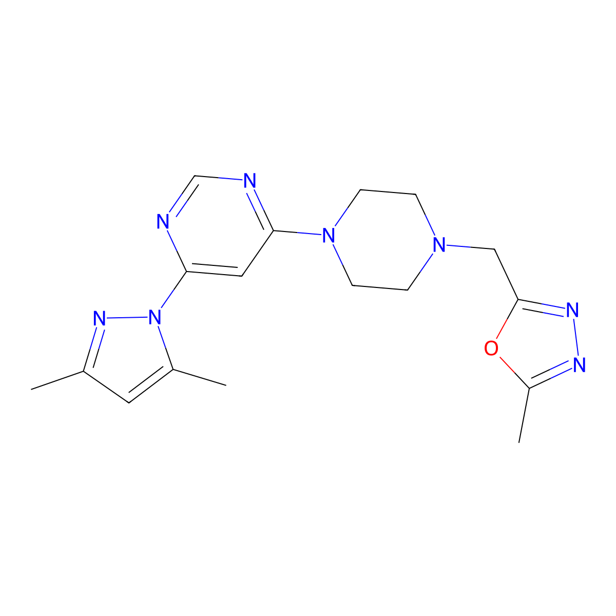4-(3,5-dimethyl-1H-pyrazol-1-yl)-6-{4-[(5-methyl-1,3,4-oxadiazol-2-yl)methyl]piperazin-1-yl}pyrimidine molecular structure, CAS 2742012-73-1