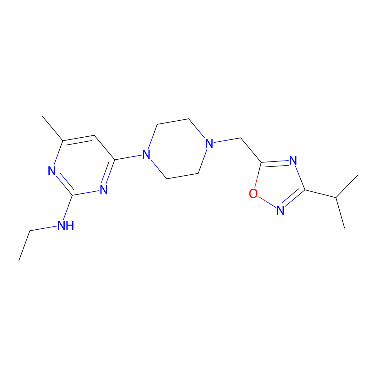 N-ethyl-4-methyl-6-(4-{[3-(propan-2-yl)-1,2,4-oxadiazol-5-yl]methyl}piperazin-1-yl)pyrimidin-2-amine molecular structure, CAS 2742012-79-7