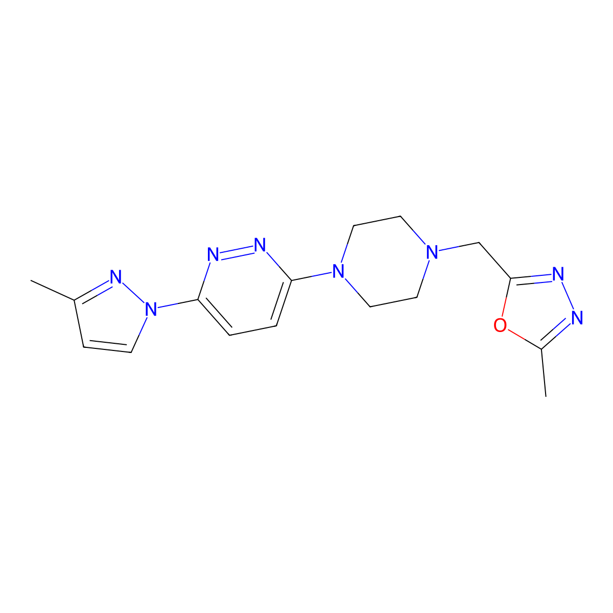 3-{4-[(5-methyl-1,3,4-oxadiazol-2-yl)methyl]piperazin-1-yl}-6-(3-methyl-1H-pyrazol-1-yl)pyridazine molecular structure, CAS 2742012-82-2