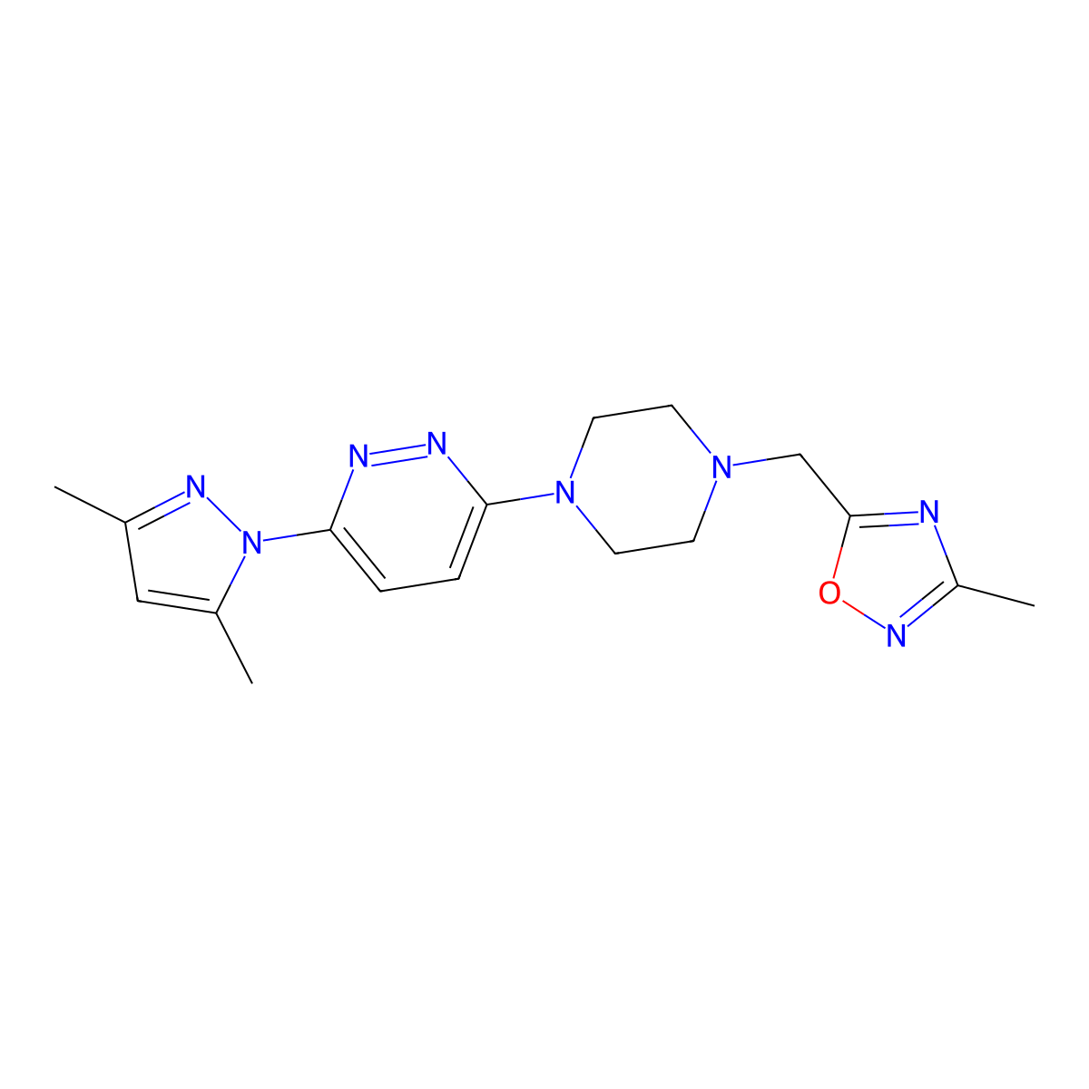 3-(3,5-dimethyl-1H-pyrazol-1-yl)-6-{4-[(3-methyl-1,2,4-oxadiazol-5-yl)methyl]piperazin-1-yl}pyridazine molecular structure, CAS 2742012-85-5