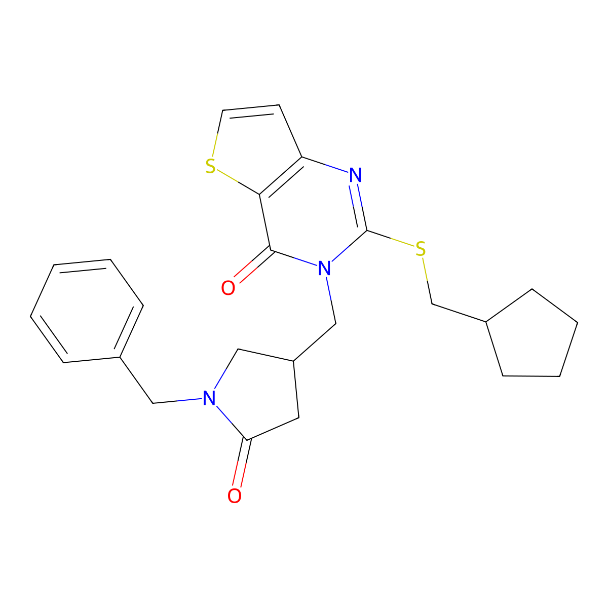 1-benzyl-4-({2-[(cyclopentylmethyl)sulfanyl]-4-oxo-3H,4H-thieno[3,2-d]pyrimidin-3-yl}methyl)pyrrolidin-2-one molecular structure, CAS 2742012-86-6