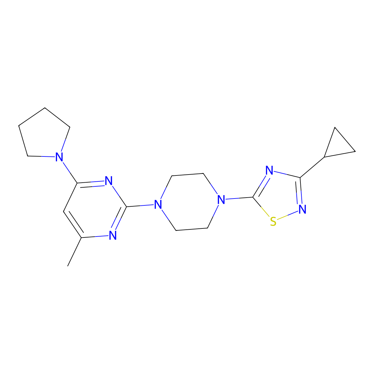 2-[4-(3-Cyclopropyl-1,2,4-thiadiazol-5-yl)piperazin-1-yl]-4-methyl-6-(pyrrolidin-1-yl)pyrimidine molecular structure, CAS 2742012-88-8