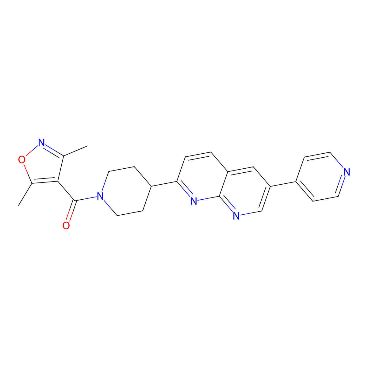 2-[1-(3,5-Dimethyl-1,2-oxazole-4-carbonyl)piperidin-4-yl]-6-(pyridin-4-yl)-1,8-naphthyridine molecular structure, CAS 2742013-00-7