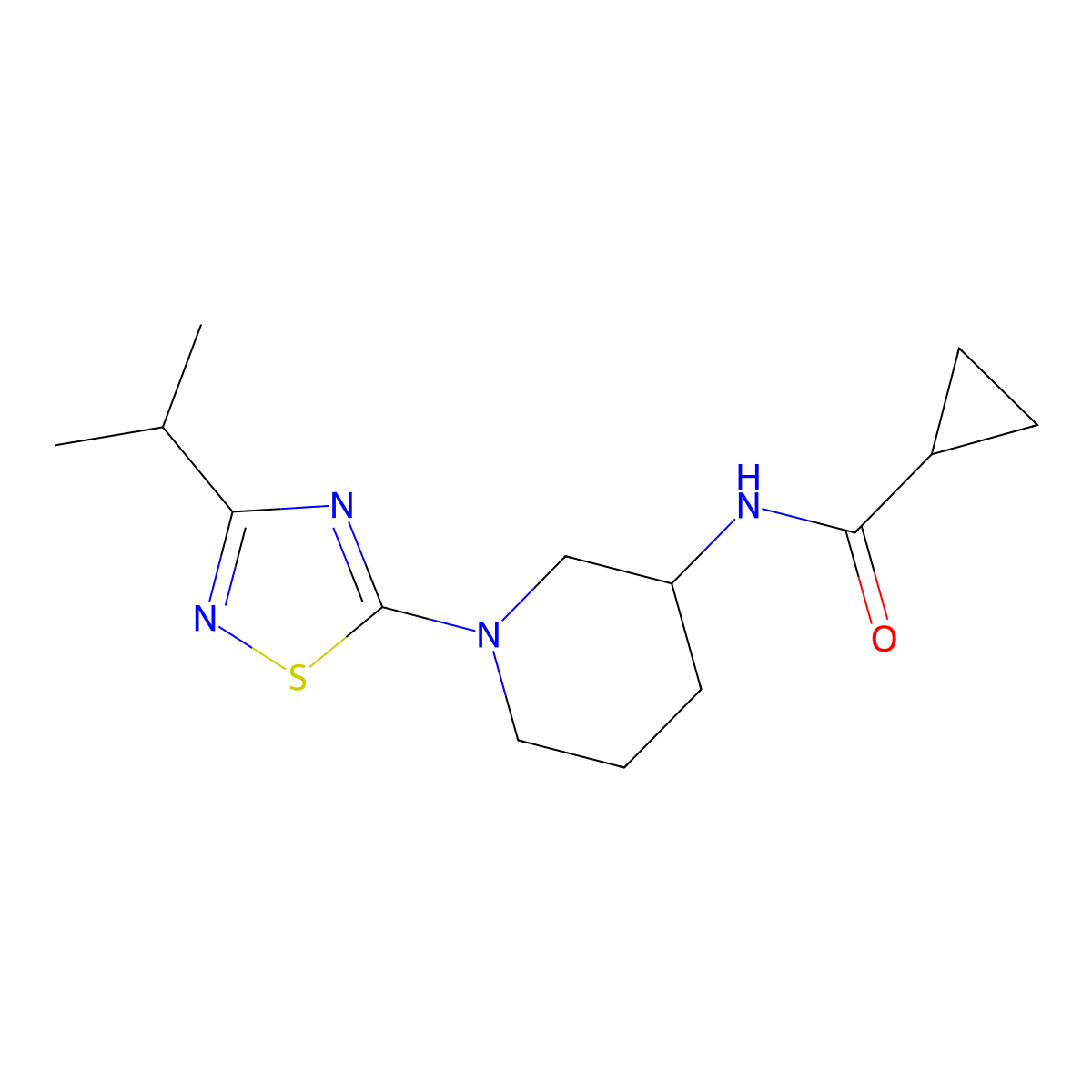 N-{1-[3-(propan-2-yl)-1,2,4-thiadiazol-5-yl]piperidin-3-yl}cyclopropanecarboxamide molecular structure, CAS 2742013-09-6