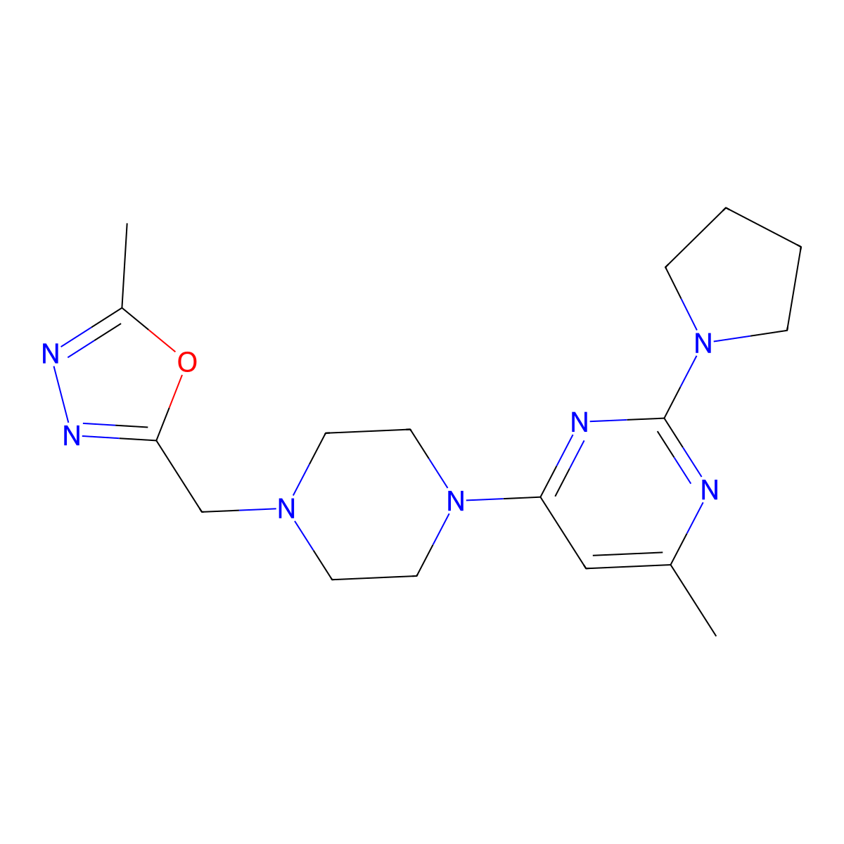 4-Methyl-6-{4-[(5-methyl-1,3,4-oxadiazol-2-yl)methyl]piperazin-1-yl}-2-(pyrrolidin-1-yl)pyrimidine molecular structure, CAS 2742013-12-1