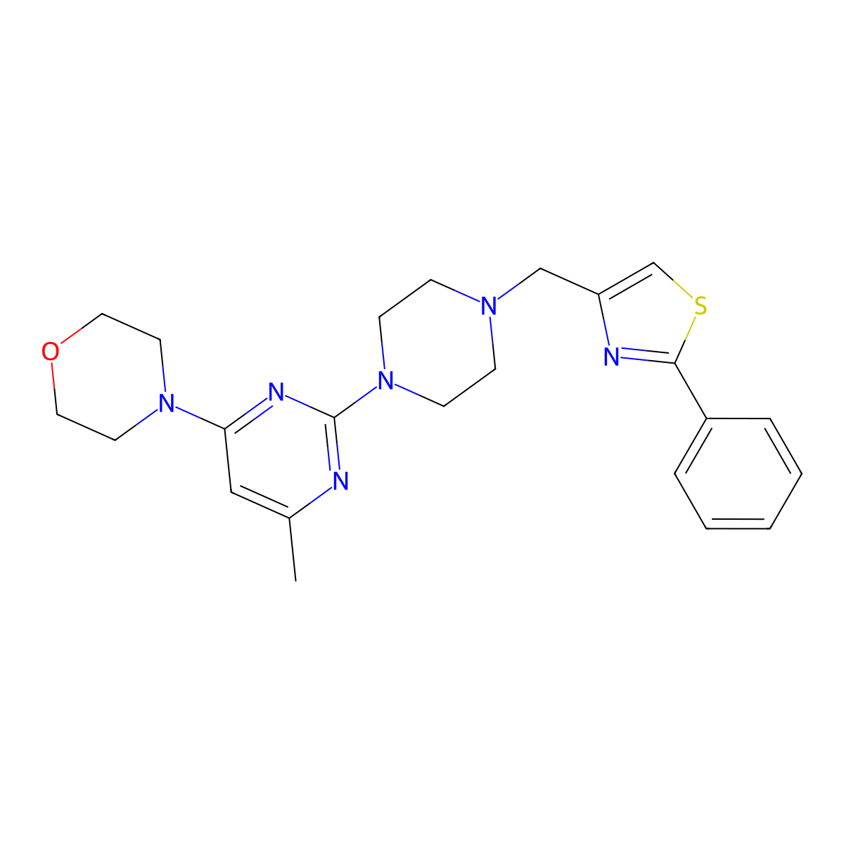 4-(6-Methyl-2-{4-[(2-phenyl-1,3-thiazol-4-yl)methyl]piperazin-1-yl}pyrimidin-4-yl)morpholine molecular structure, CAS 2742013-18-7