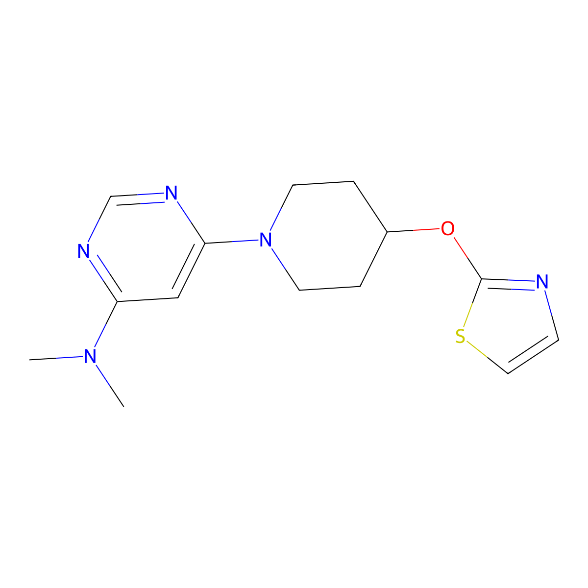 N,N-dimethyl-6-[4-(1,3-thiazol-2-yloxy)piperidin-1-yl]pyrimidin-4-amine molecular structure, CAS 2742013-19-8