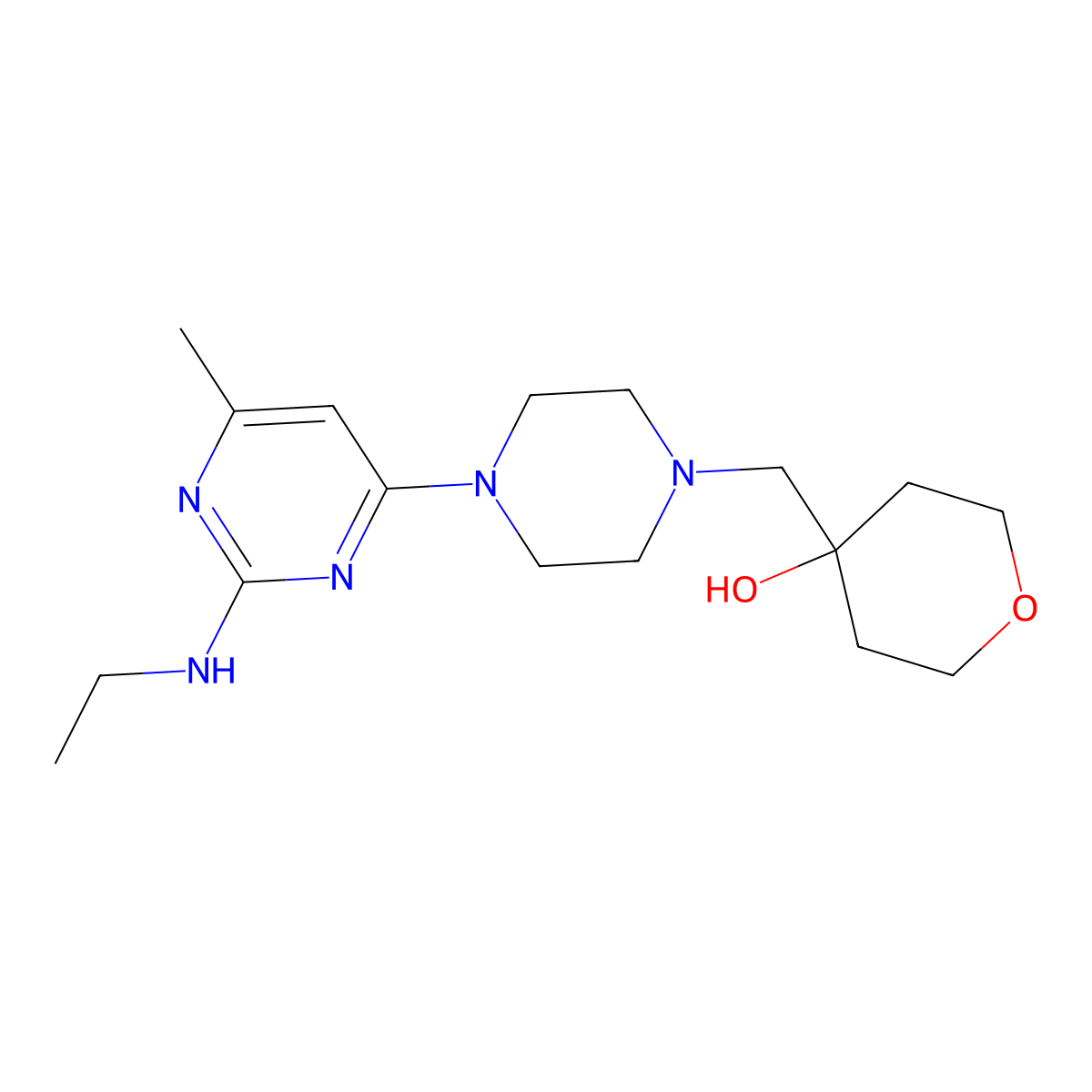 4-({4-[2-(Ethylamino)-6-methylpyrimidin-4-yl]piperazin-1-yl}methyl)oxan-4-ol molecular structure, CAS 2742013-21-2