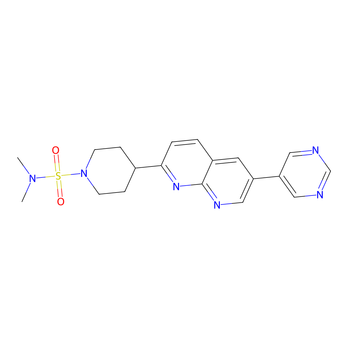 N,N-dimethyl-4-[6-(pyrimidin-5-yl)-1,8-naphthyridin-2-yl]piperidine-1-sulfonamide molecular structure, CAS 2742013-32-5