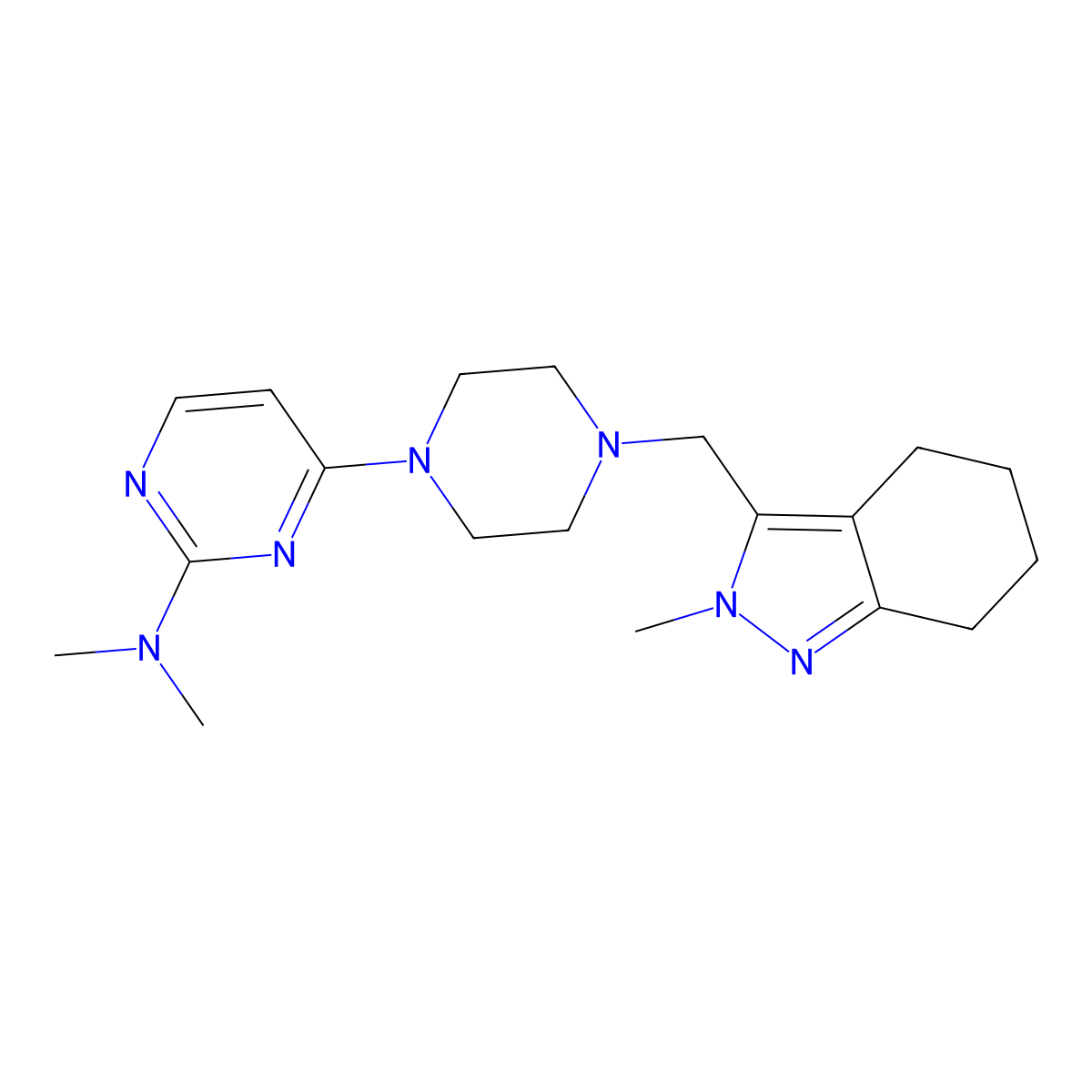 N,N-dimethyl-4-{4-[(2-methyl-4,5,6,7-tetrahydro-2H-indazol-3-yl)methyl]piperazin-1-yl}pyrimidin-2-amine molecular structure, CAS 2742013-38-1