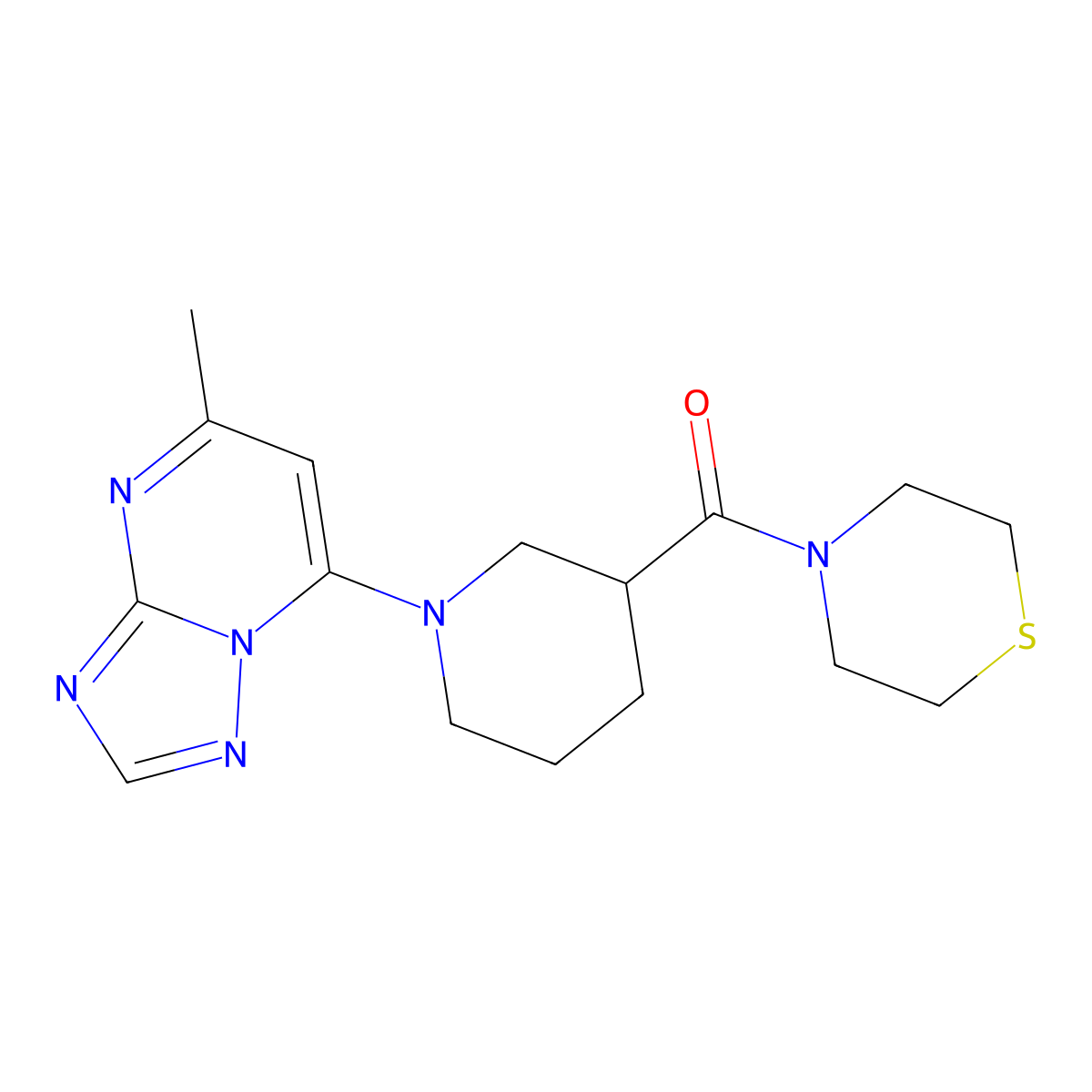 4-(1-{5-Methyl-[1,2,4]triazolo[1,5-a]pyrimidin-7-yl}piperidine-3-carbonyl)thiomorpholine molecular structure, CAS 2742013-41-6