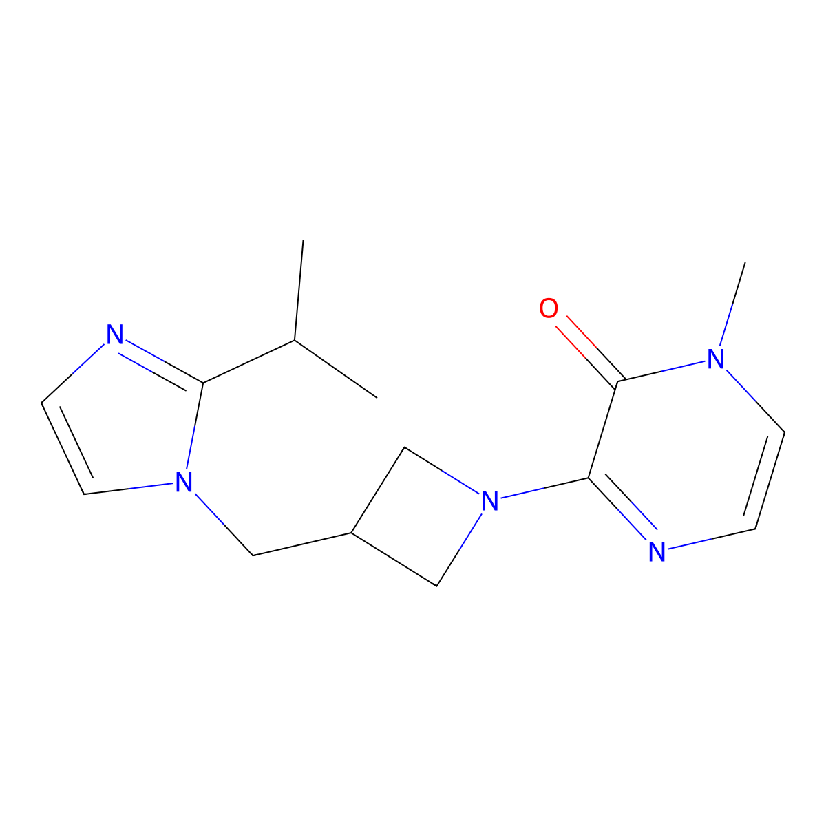 1-methyl-3-(3-{[2-(propan-2-yl)-1H-imidazol-1-yl]methyl}azetidin-1-yl)-1,2-dihydropyrazin-2-one molecular structure, CAS 2742013-42-7