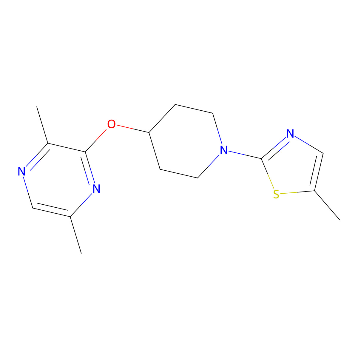 2,5-Dimethyl-3-{[1-(5-methyl-1,3-thiazol-2-yl)piperidin-4-yl]oxy}pyrazine molecular structure, CAS 2742013-56-3