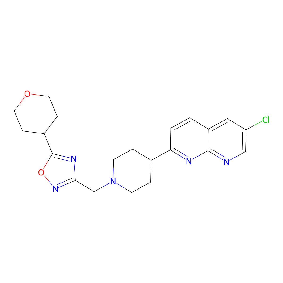 6-Chloro-2-(1-{[5-(oxan-4-yl)-1,2,4-oxadiazol-3-yl]methyl}piperidin-4-yl)-1,8-naphthyridine molecular structure, CAS 2742013-59-6