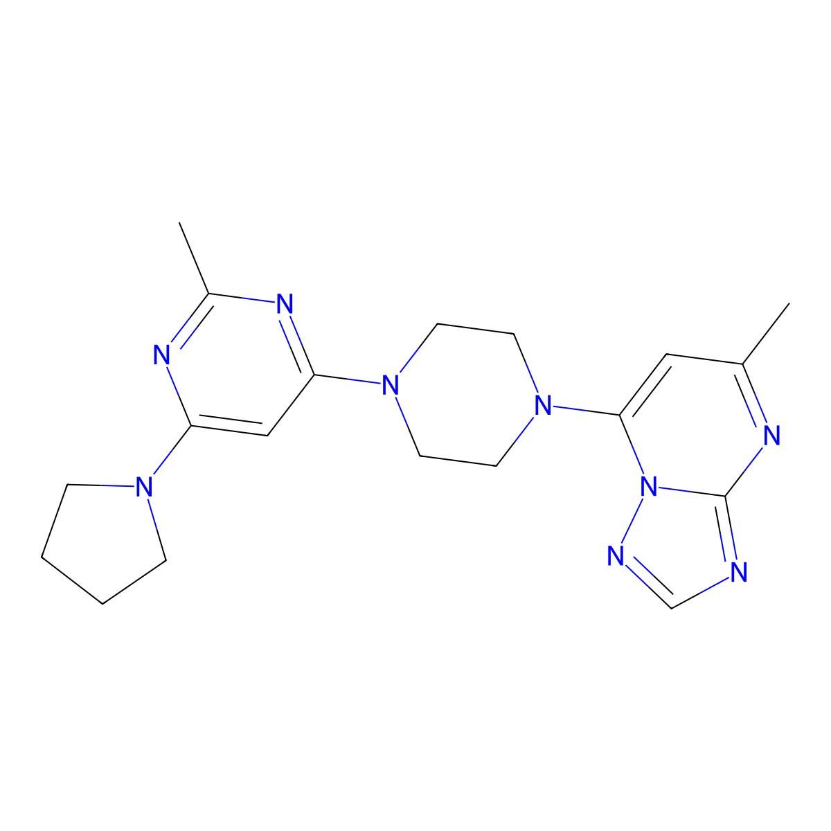 2-Methyl-4-(4-{5-methyl-[1,2,4]triazolo[1,5-a]pyrimidin-7-yl}piperazin-1-yl)-6-(pyrrolidin-1-yl)pyrimidine molecular structure, CAS 2742013-60-9