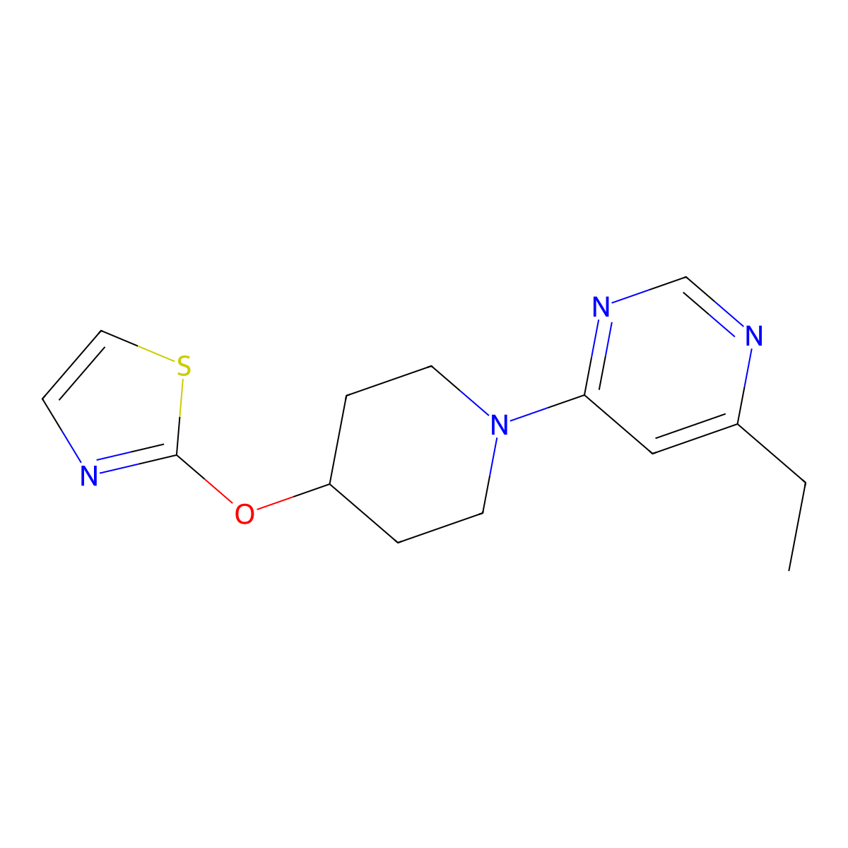 4-Ethyl-6-[4-(1,3-thiazol-2-yloxy)piperidin-1-yl]pyrimidine molecular structure, CAS 2742013-61-0