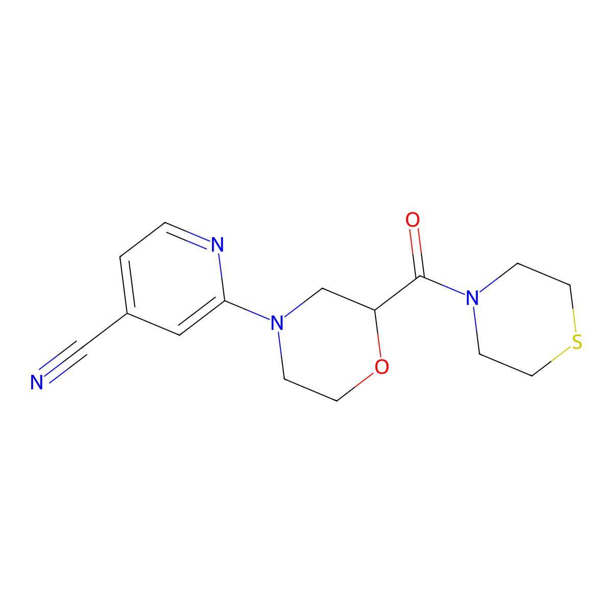 2-[2-(Thiomorpholine-4-carbonyl)morpholin-4-yl]pyridine-4-carbonitrile molecular structure, CAS 2742013-67-6