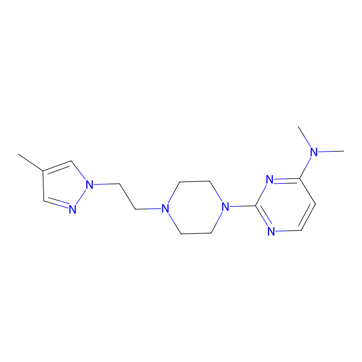 N,N-dimethyl-2-{4-[2-(4-methyl-1H-pyrazol-1-yl)ethyl]piperazin-1-yl}pyrimidin-4-amine molecular structure, CAS 2742013-69-8