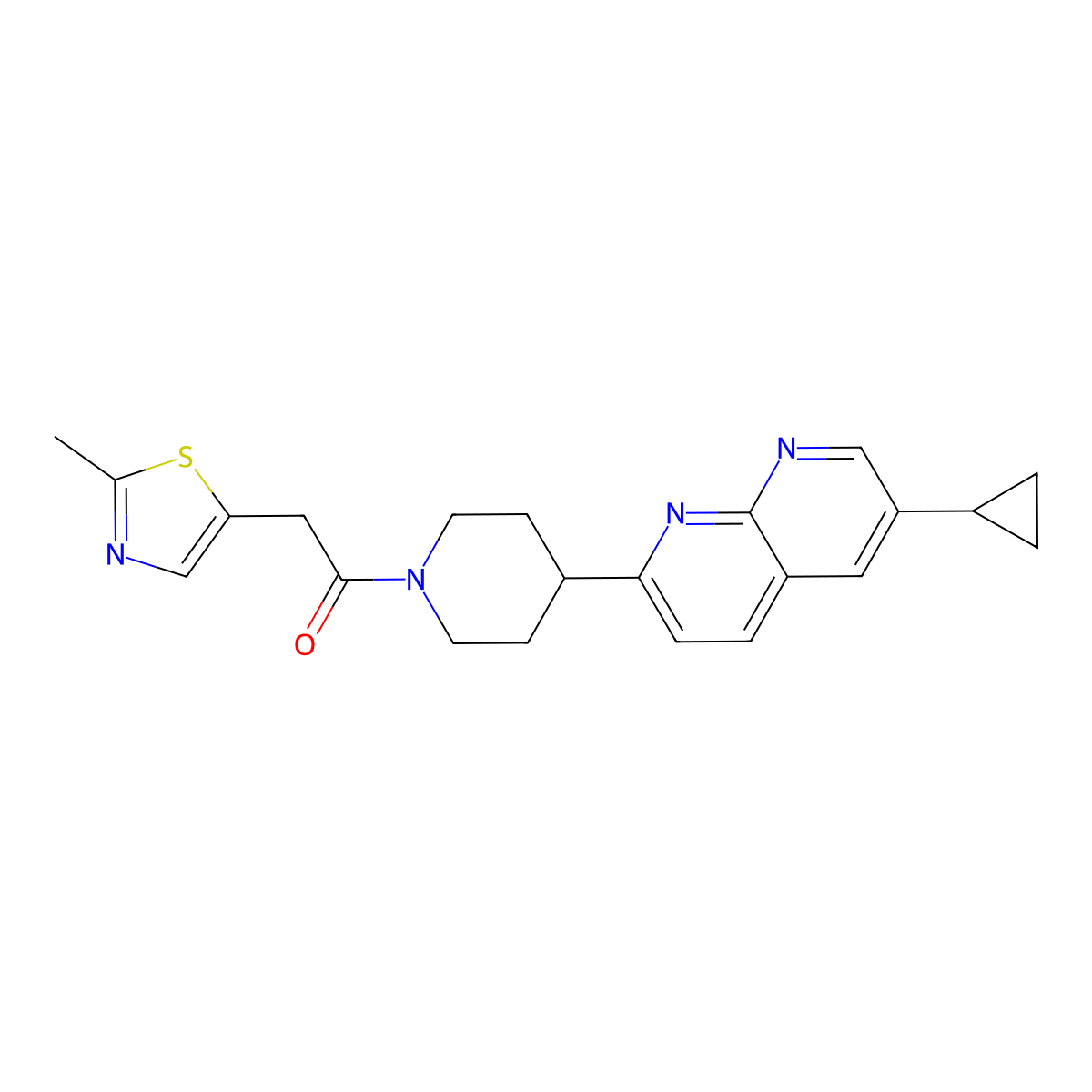 1-[4-(6-Cyclopropyl-1,8-naphthyridin-2-yl)piperidin-1-yl]-2-(2-methyl-1,3-thiazol-5-yl)ethan-1-one molecular structure, CAS 2742013-71-2