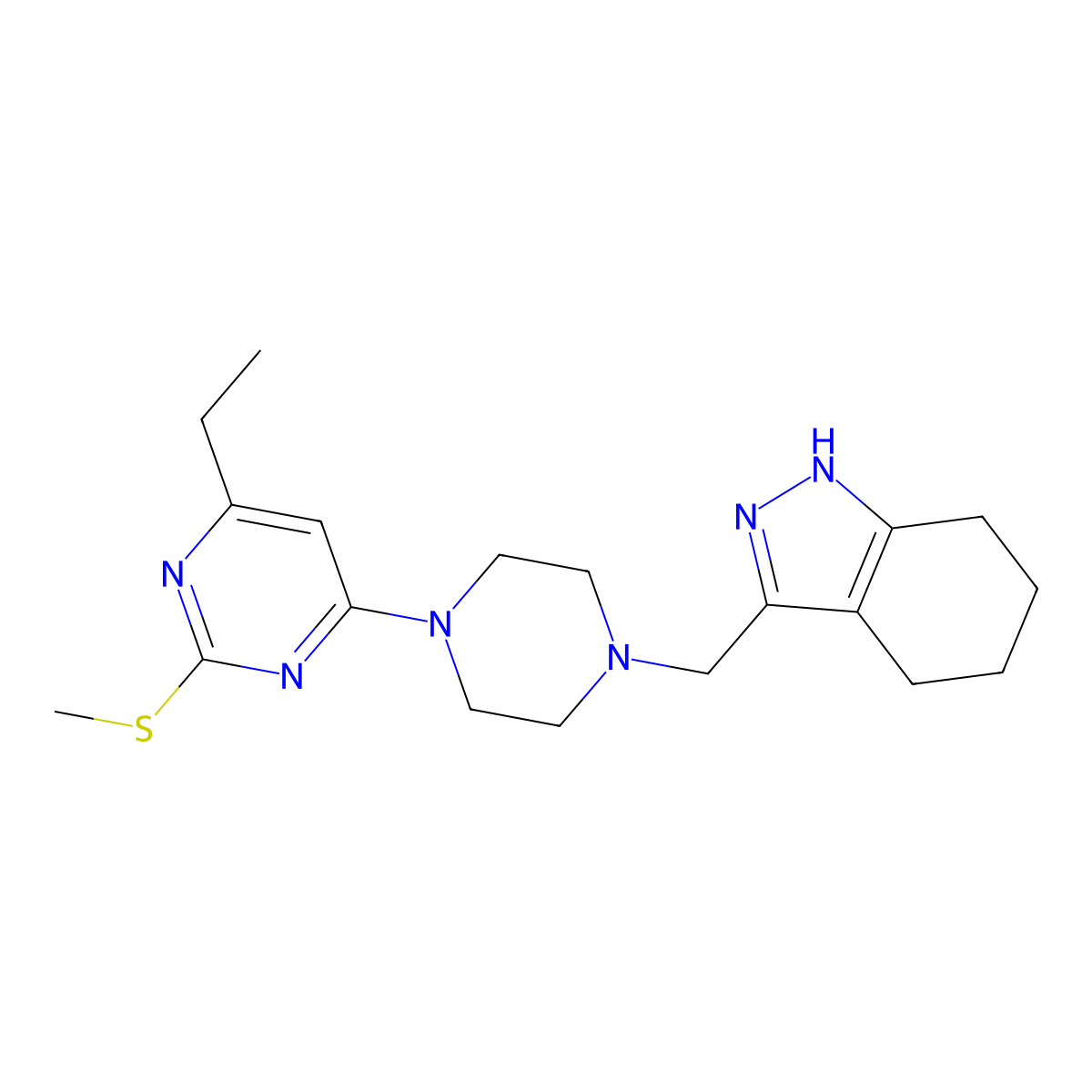 3-({4-[6-ethyl-2-(methylsulfanyl)pyrimidin-4-yl]piperazin-1-yl}methyl)-4,5,6,7-tetrahydro-1H-indazole molecular structure, CAS 2742013-75-6