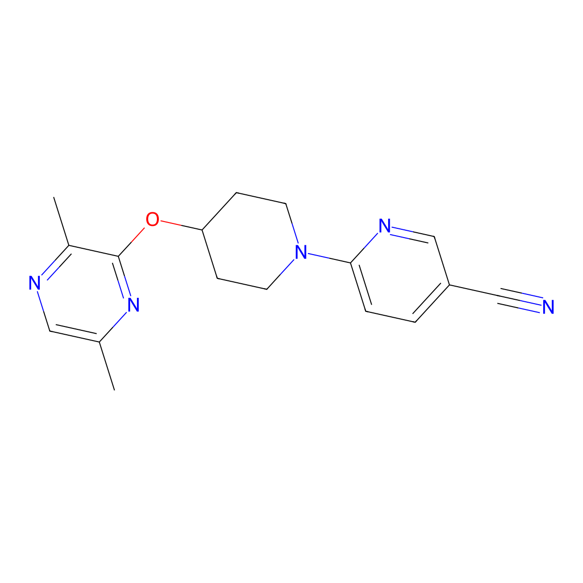 6-{4-[(3,6-Dimethylpyrazin-2-yl)oxy]piperidin-1-yl}pyridine-3-carbonitrile molecular structure, CAS 2742013-79-0