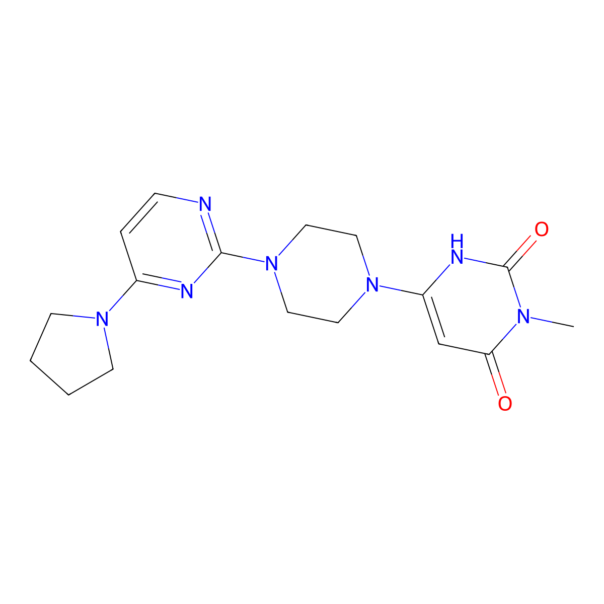 3-Methyl-6-{4-[4-(pyrrolidin-1-yl)pyrimidin-2-yl]piperazin-1-yl}-1,2,3,4-tetrahydropyrimidine-2,4-dione molecular structure, CAS 2742013-86-9