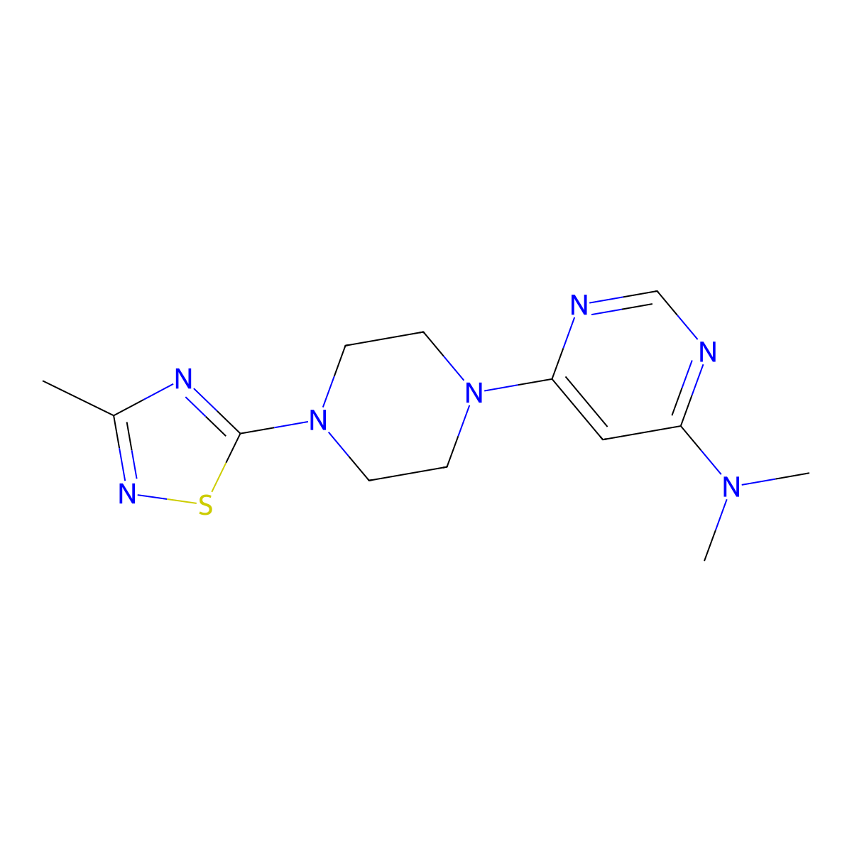 N,N-dimethyl-6-[4-(3-methyl-1,2,4-thiadiazol-5-yl)piperazin-1-yl]pyrimidin-4-amine molecular structure, CAS 2742013-87-0