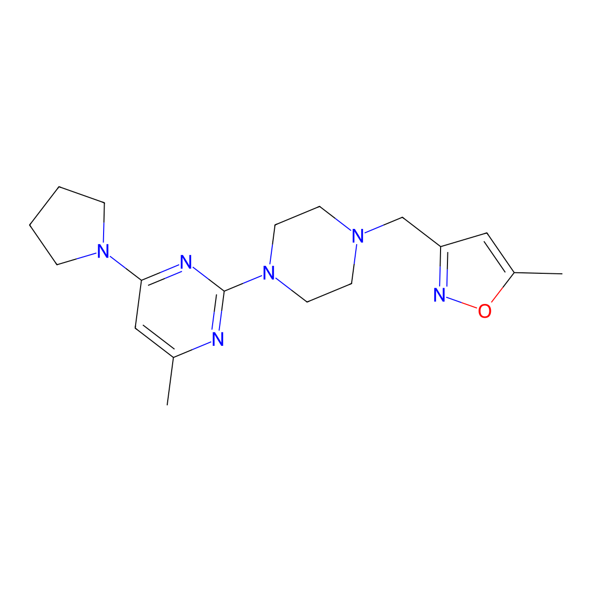 5-Methyl-3-[[4-(4-methyl-6-pyrrolidin-1-ylpyrimidin-2-yl)piperazin-1-yl]methyl]-1,2-oxazole molecular structure, CAS 2742013-88-1