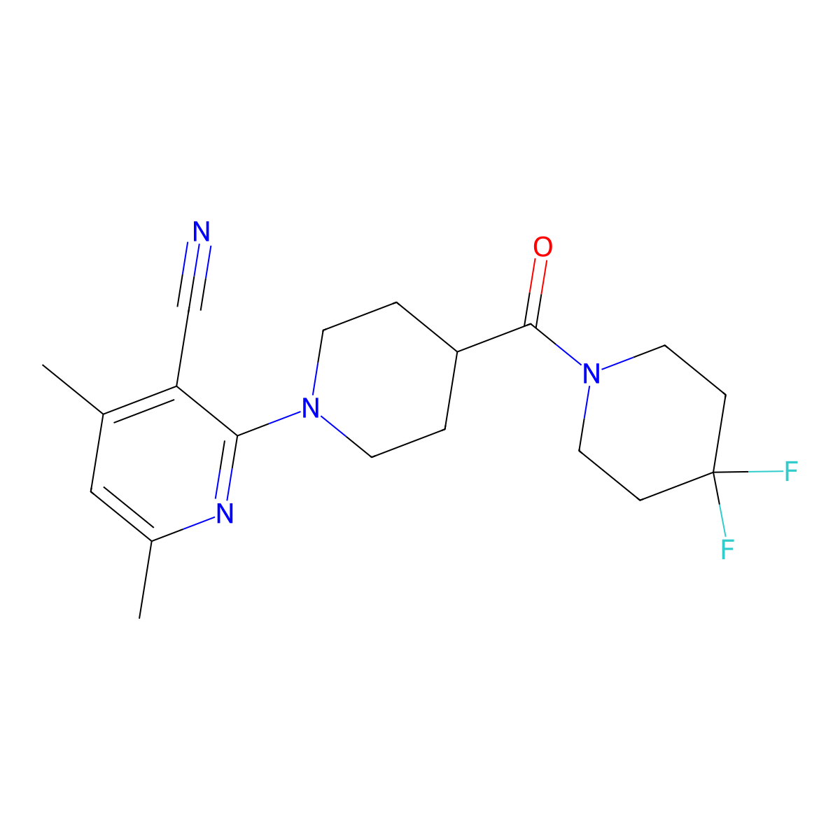 2-[4-(4,4-Difluoropiperidine-1-carbonyl)piperidin-1-yl]-4,6-dimethylpyridine-3-carbonitrile molecular structure, CAS 2742013-94-9