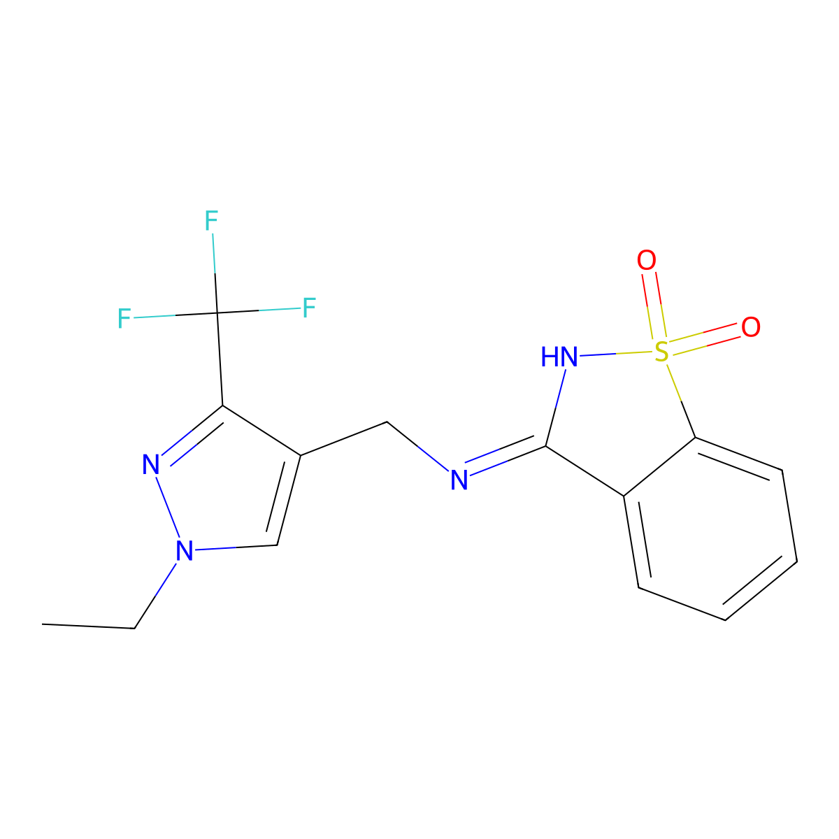 N-[[1-ethyl-3-(trifluoromethyl)pyrazol-4-yl]methyl]-1,1-dioxo-1,2-benzothiazol-3-imine molecular structure, CAS 2742013-95-0