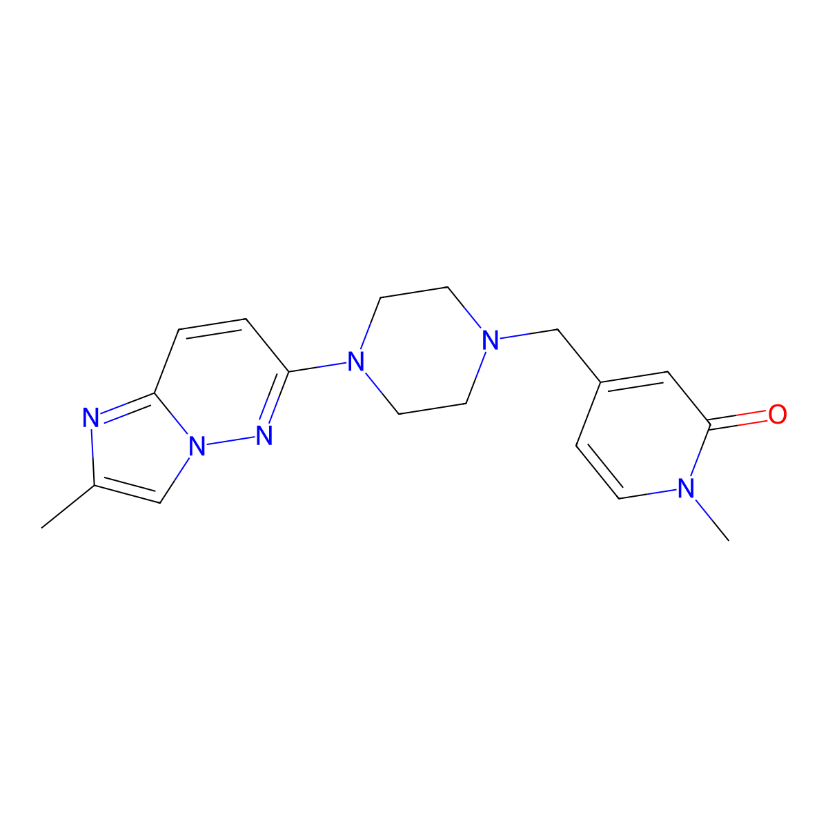 1-Methyl-4-[(4-{2-methylimidazo[1,2-b]pyridazin-6-yl}piperazin-1-yl)methyl]-1,2-dihydropyridin-2-one molecular structure, CAS 2742013-97-2