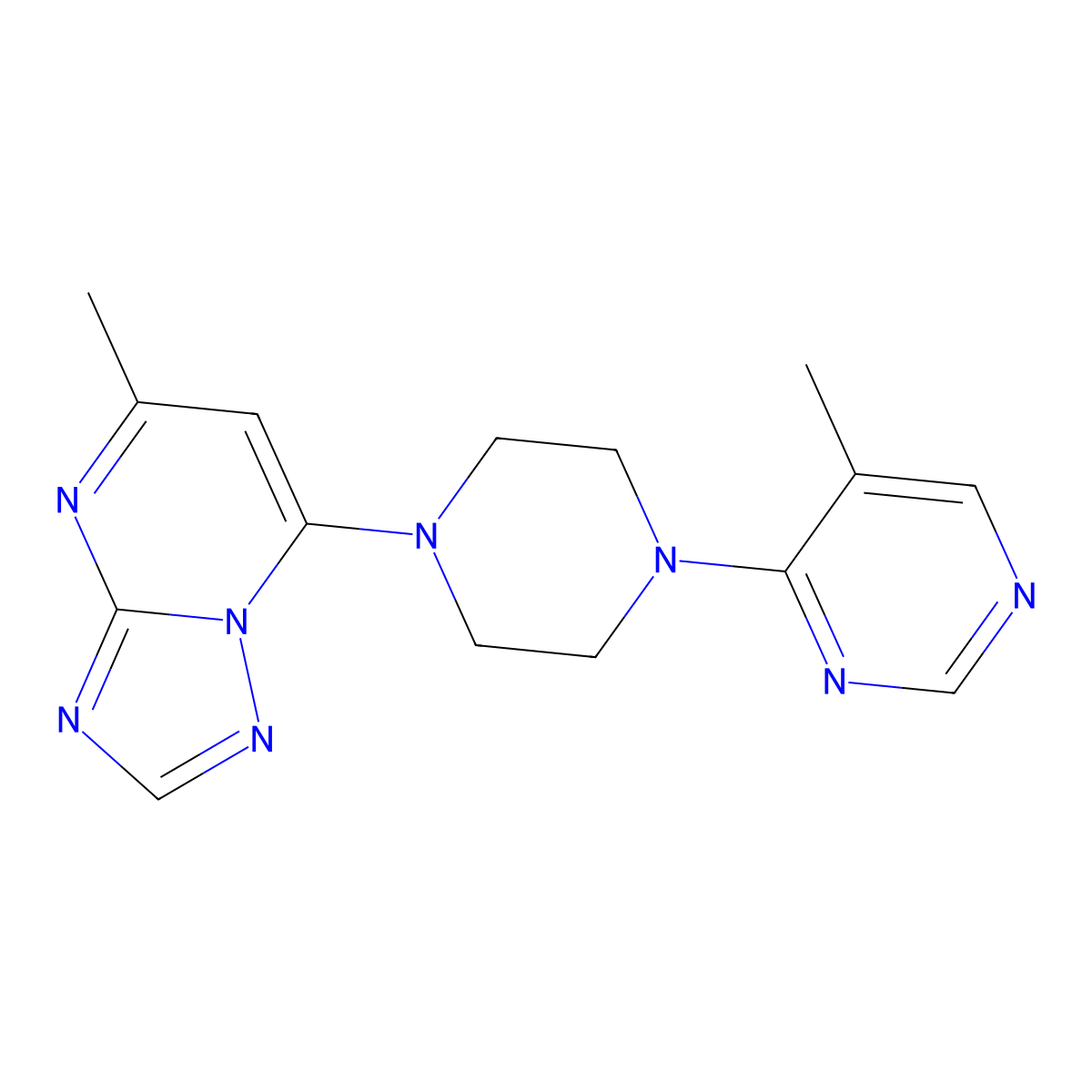 5-Methyl-4-(4-{5-methyl-[1,2,4]triazolo[1,5-a]pyrimidin-7-yl}piperazin-1-yl)pyrimidine molecular structure, CAS 2742013-98-3