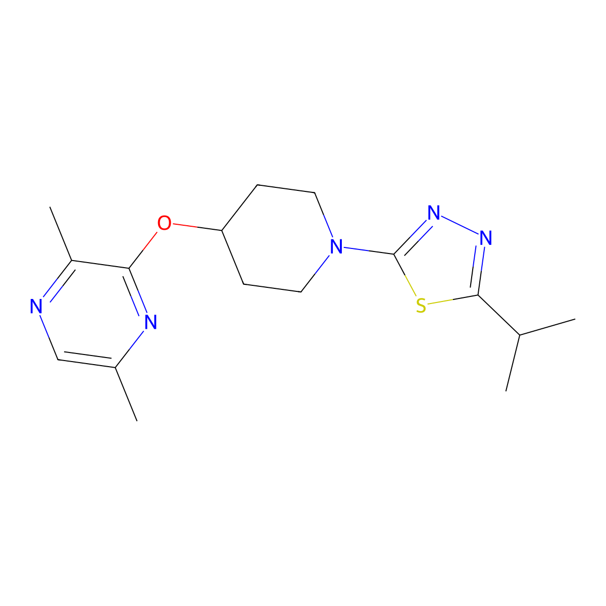 2,5-Dimethyl-3-({1-[5-(propan-2-yl)-1,3,4-thiadiazol-2-yl]piperidin-4-yl}oxy)pyrazine molecular structure, CAS 2742014-00-0