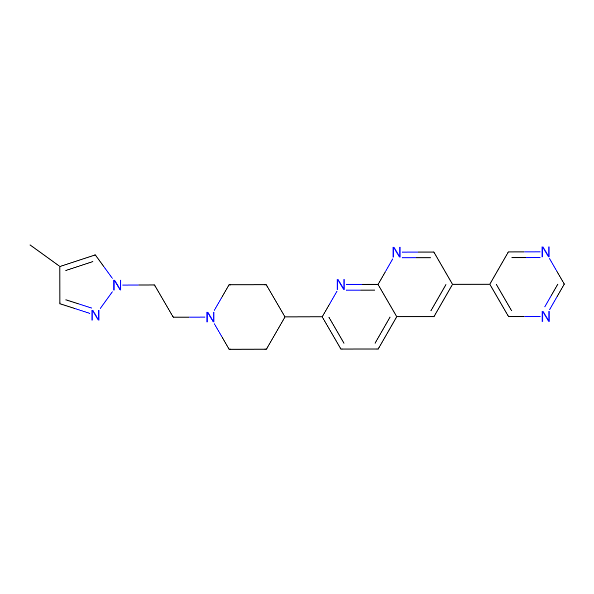 2-{1-[2-(4-methyl-1H-pyrazol-1-yl)ethyl]piperidin-4-yl}-6-(pyrimidin-5-yl)-1,8-naphthyridine molecular structure, CAS 2742014-03-3