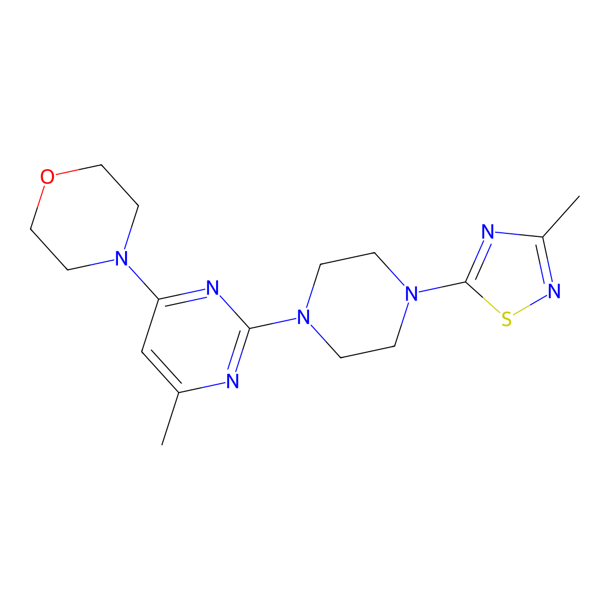 4-{6-Methyl-2-[4-(3-methyl-1,2,4-thiadiazol-5-yl)piperazin-1-yl]pyrimidin-4-yl}morpholine molecular structure, CAS 2742014-06-6