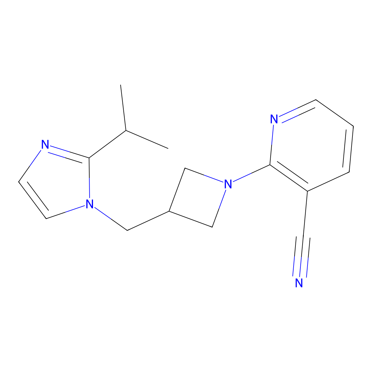 2-(3-{[2-(propan-2-yl)-1H-imidazol-1-yl]methyl}azetidin-1-yl)pyridine-3-carbonitrile molecular structure, CAS 2742014-10-2