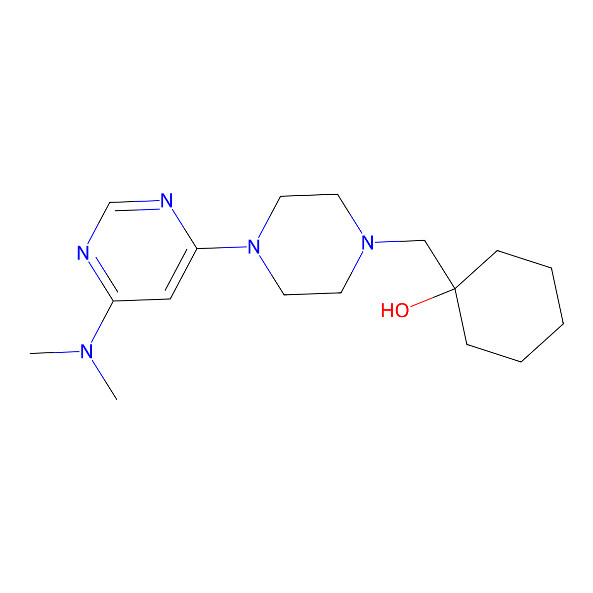 1-({4-[6-(Dimethylamino)pyrimidin-4-yl]piperazin-1-yl}methyl)cyclohexan-1-ol molecular structure, CAS 2742014-24-8